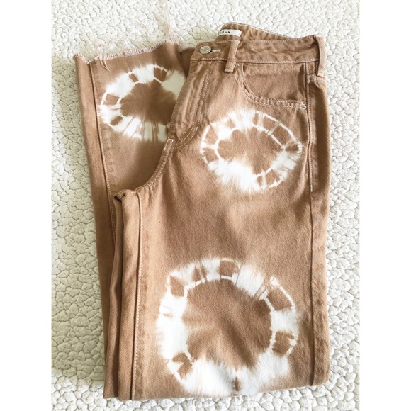 Pacsun Tan & White Mom Jeans w/Circle Designs and Raw Hem - Picture 3 of 7